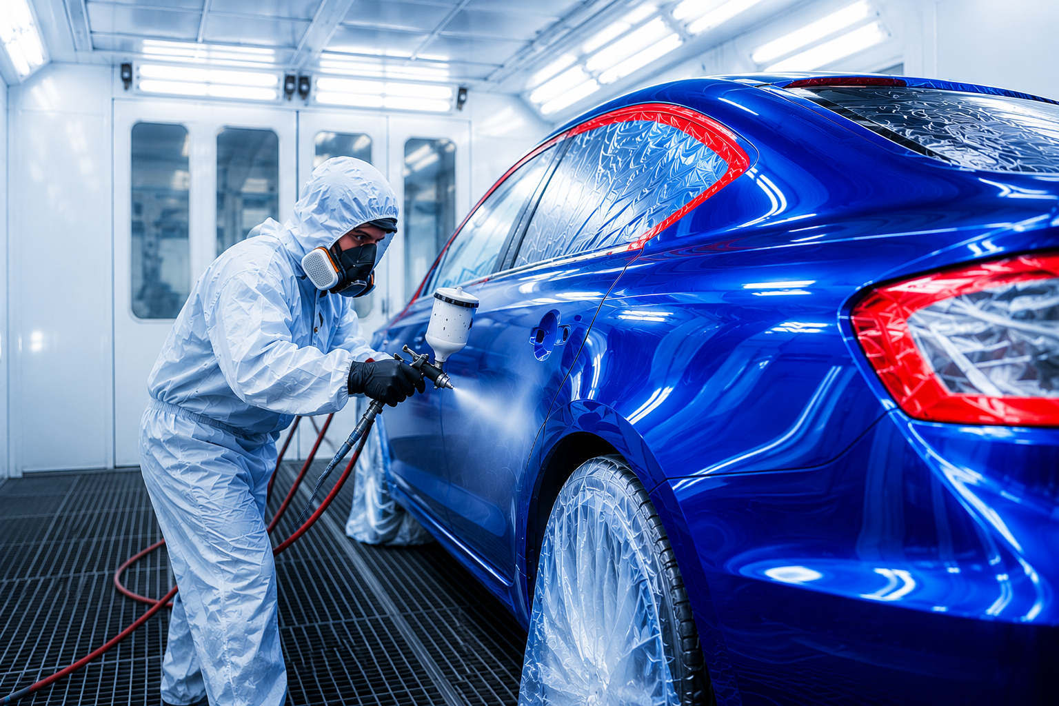 D. MacArthur Auto Body technician applying factory-match paint to a blue sedan in the shop's downdraft spray booth